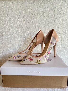 Jessica Simpson Nude Embroidered Floral Pointed-Toe Heels
